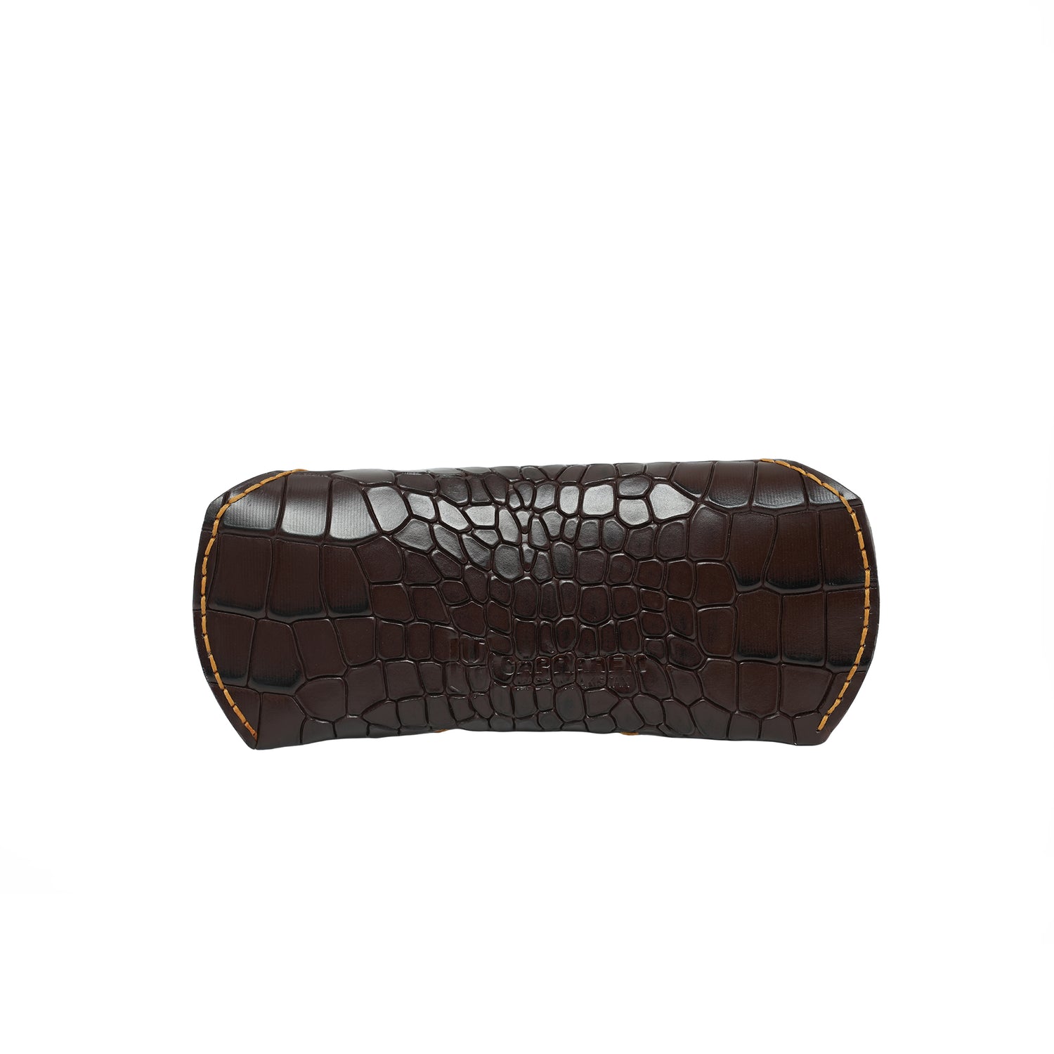 Caprahem handmade chocolate brown croc-embossed leather eyewear case for glasses and sunglasses — front view