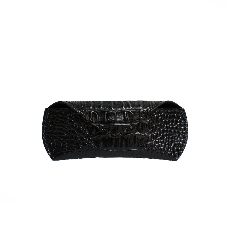 Caprahem handmade black croc-embossed leather eyewear case for glasses and sunglasses — front view