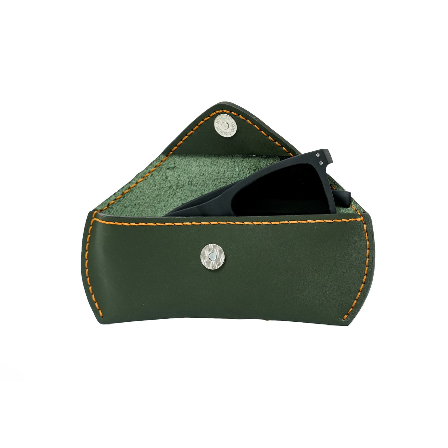 Caprahem handmade olive green leather eyewear case for glasses and sunglasses — front view