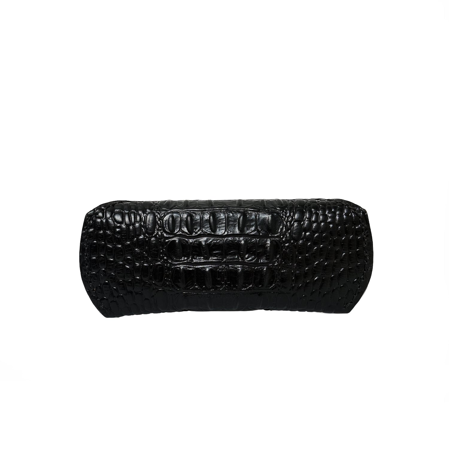 Caprahem handmade black croc-embossed leather eyewear case for glasses and sunglasses — angled 3/4 view