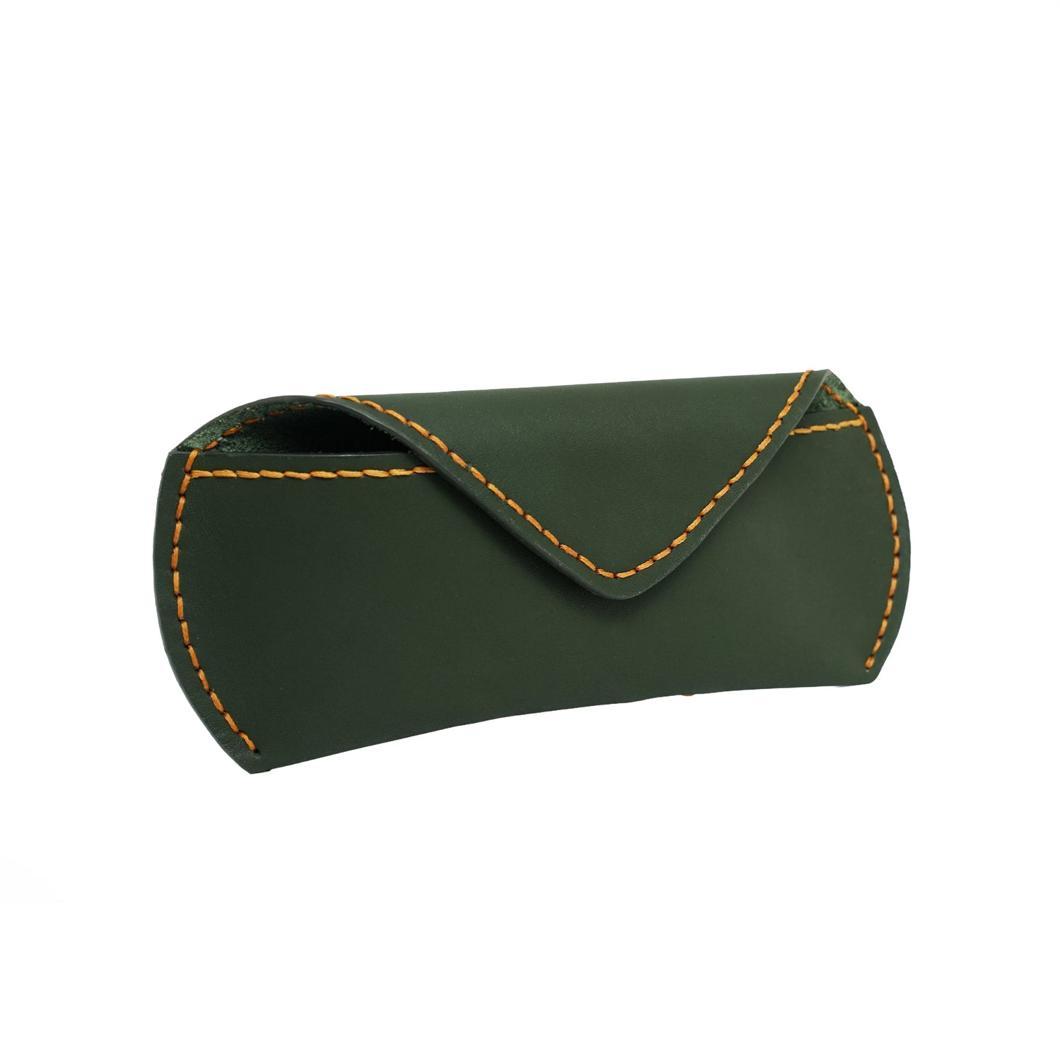 Caprahem handmade olive green leather eyewear case for glasses and sunglasses — angled 3/4 view