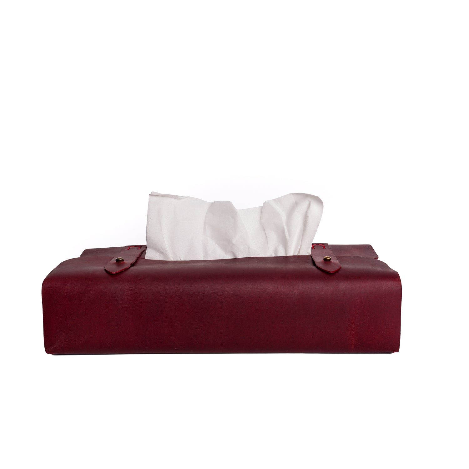 Caprahem TB-02 handmade red leather tissue box cover for home and car — side profile