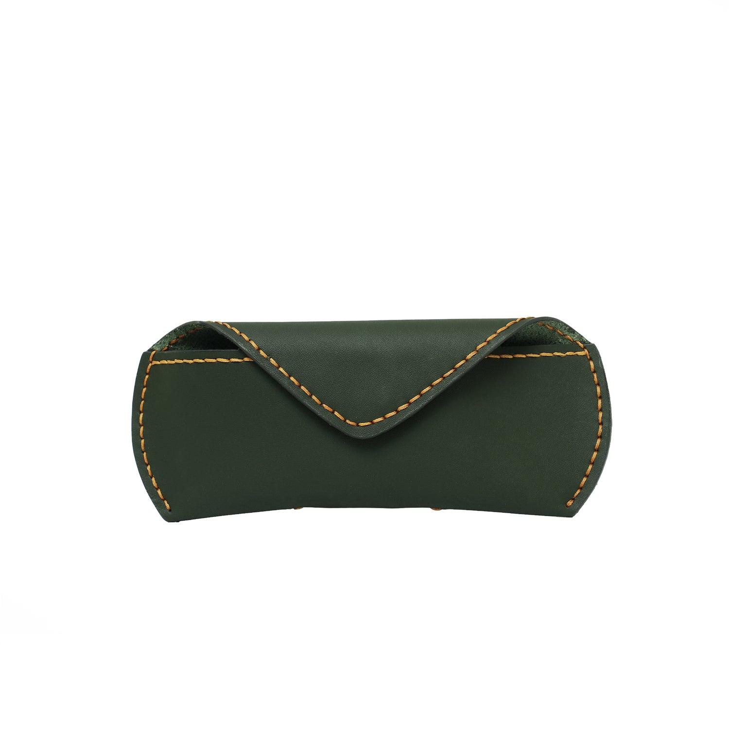 Caprahem handmade olive green leather eyewear case for glasses and sunglasses — close-up of leather texture and stitching