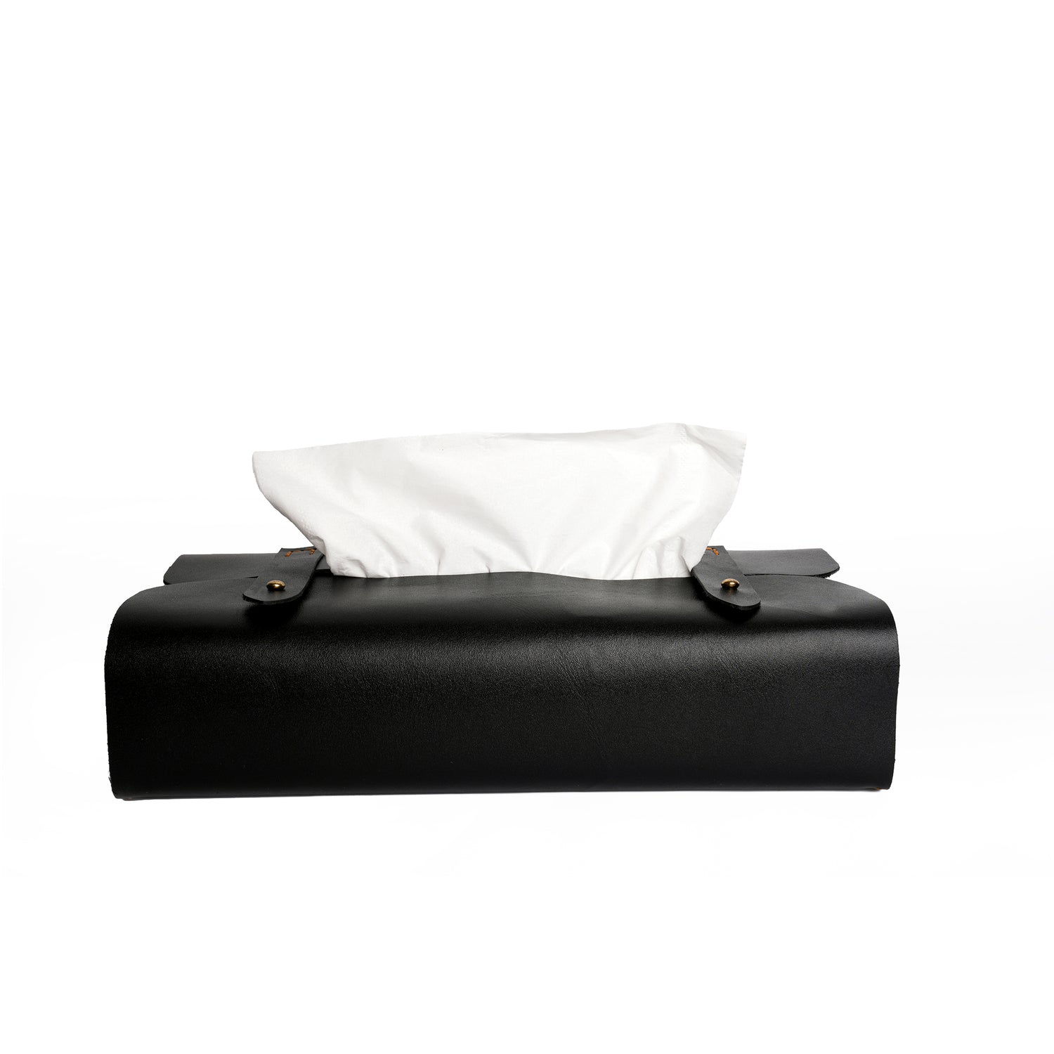 Caprahem TB-02 handmade black leather tissue box cover for home and car — angled 3/4 view