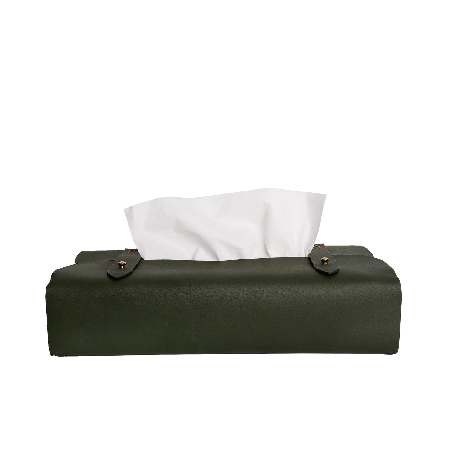 Caprahem TB-02 handmade olive green leather tissue box cover for home and car — angled 3/4 view