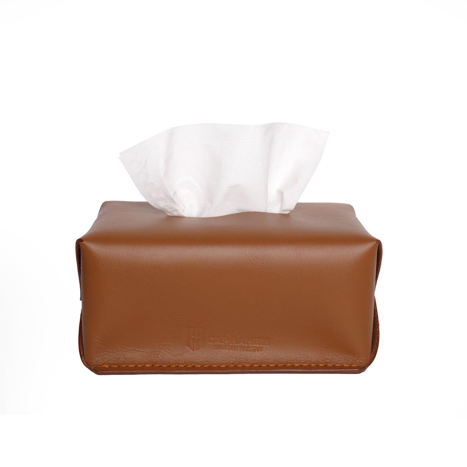 Caprahem TB-02 handmade brown leather tissue box cover for home and car — angled 3/4 view