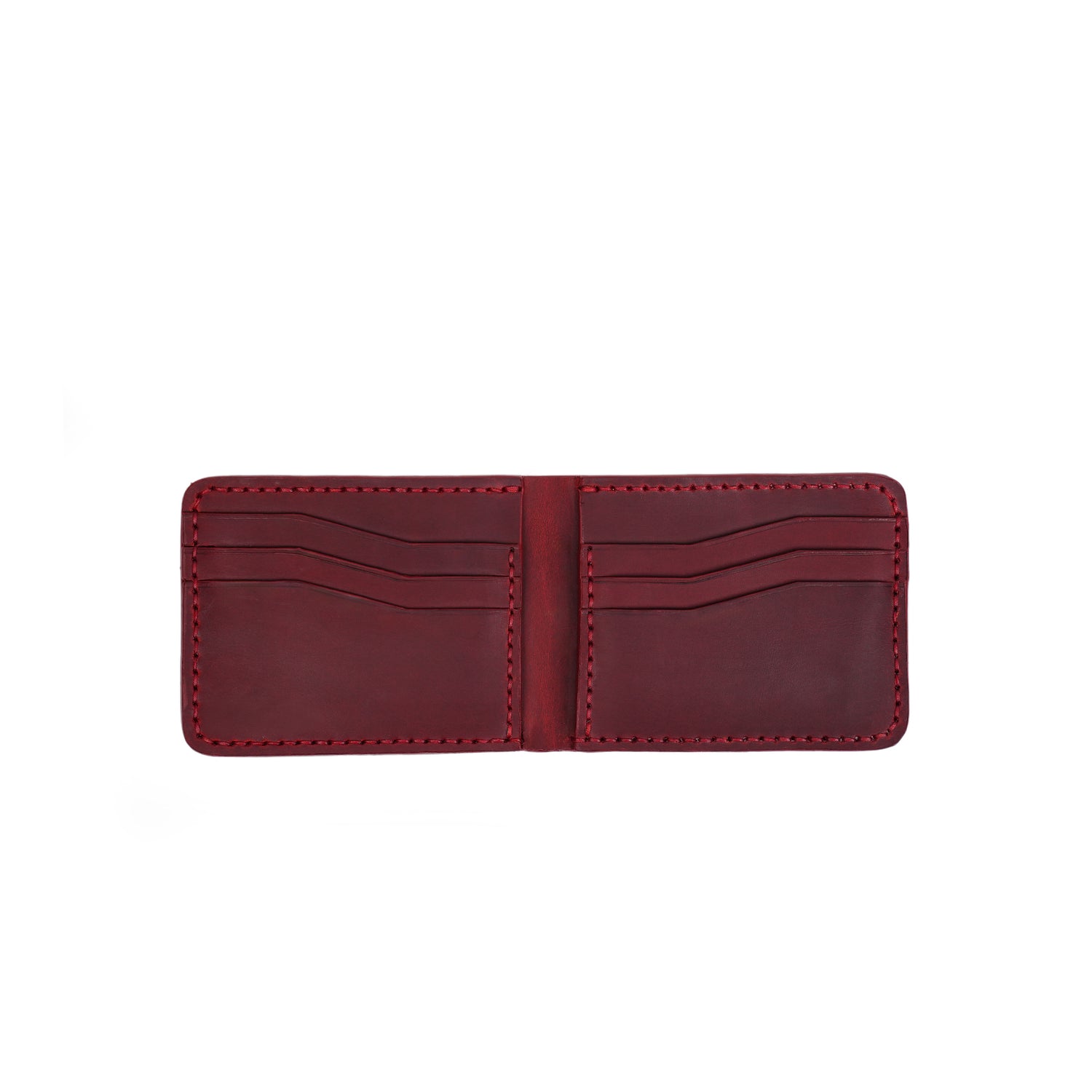 Caprahem Bifold Wallet BW-01 in burgundy handmade leather — angled 3/4 view