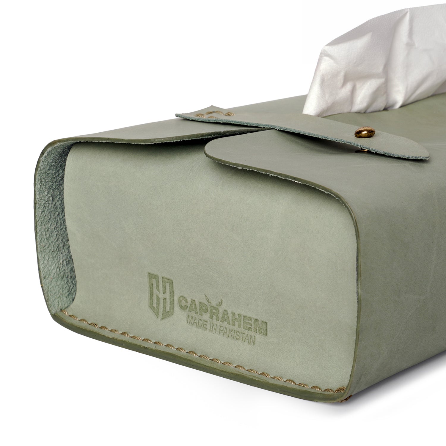 Caprahem TB-02 handmade mint green leather tissue box cover for home and car — side profile