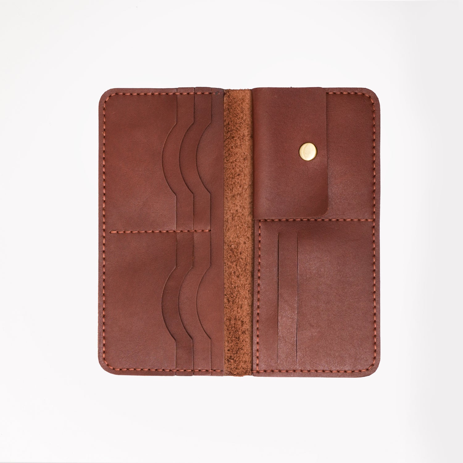 Caprahem Travelling Wallet TW-01 in brown handmade leather — open interior with card pockets and brass snap closure
