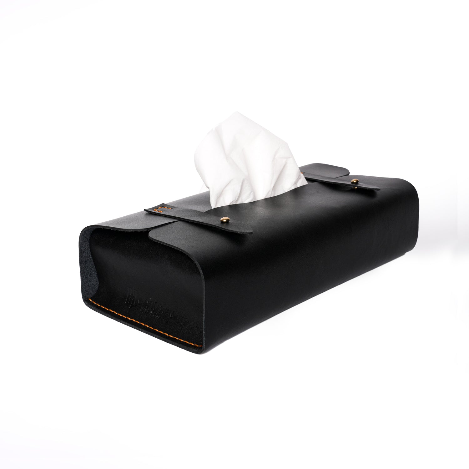 Caprahem TB-02 handmade black leather tissue box cover for home and car — top view with tissues dispensing