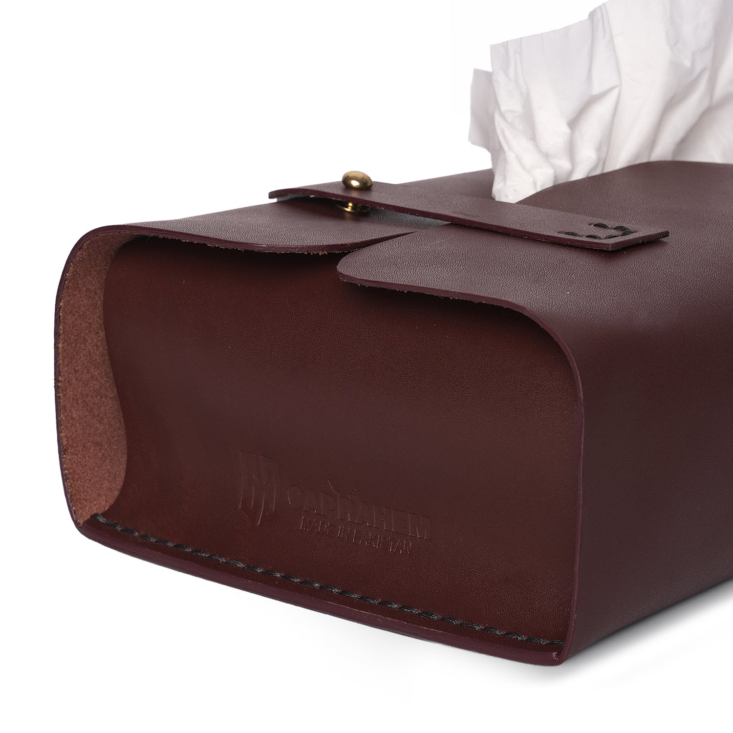 Caprahem TB-02 handmade burgundy leather tissue box cover for home and car — handmade leather detail