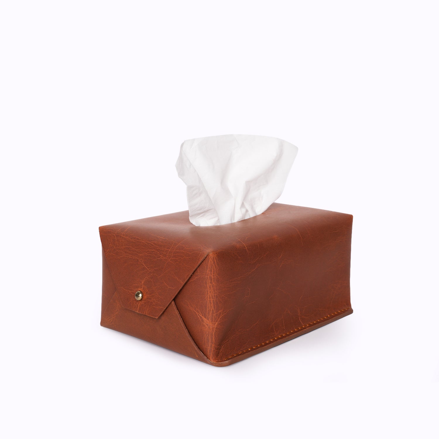 Caprahem TB-02 handmade tan leather tissue box cover for home and car — side profile