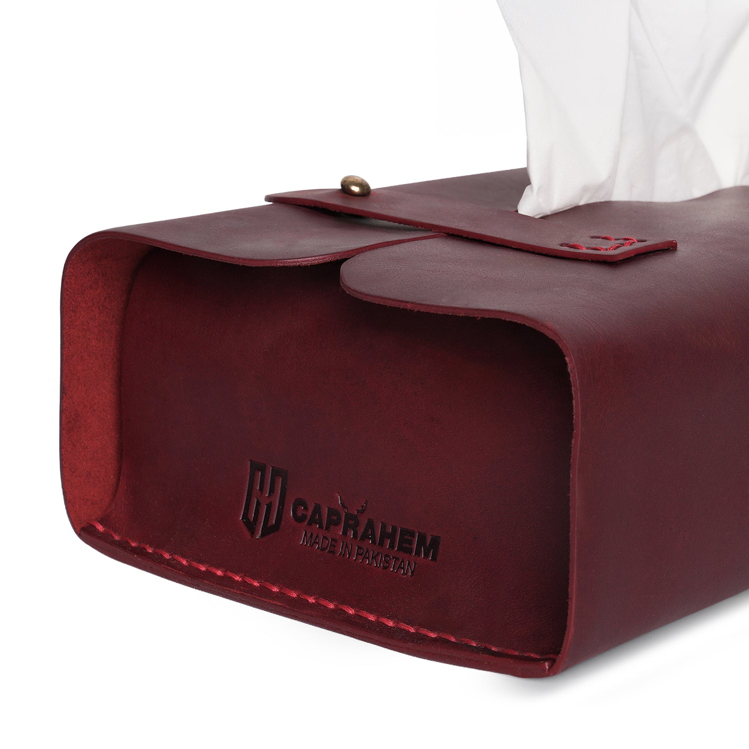 Caprahem TB-02 handmade red leather tissue box cover for home and car — handmade leather detail