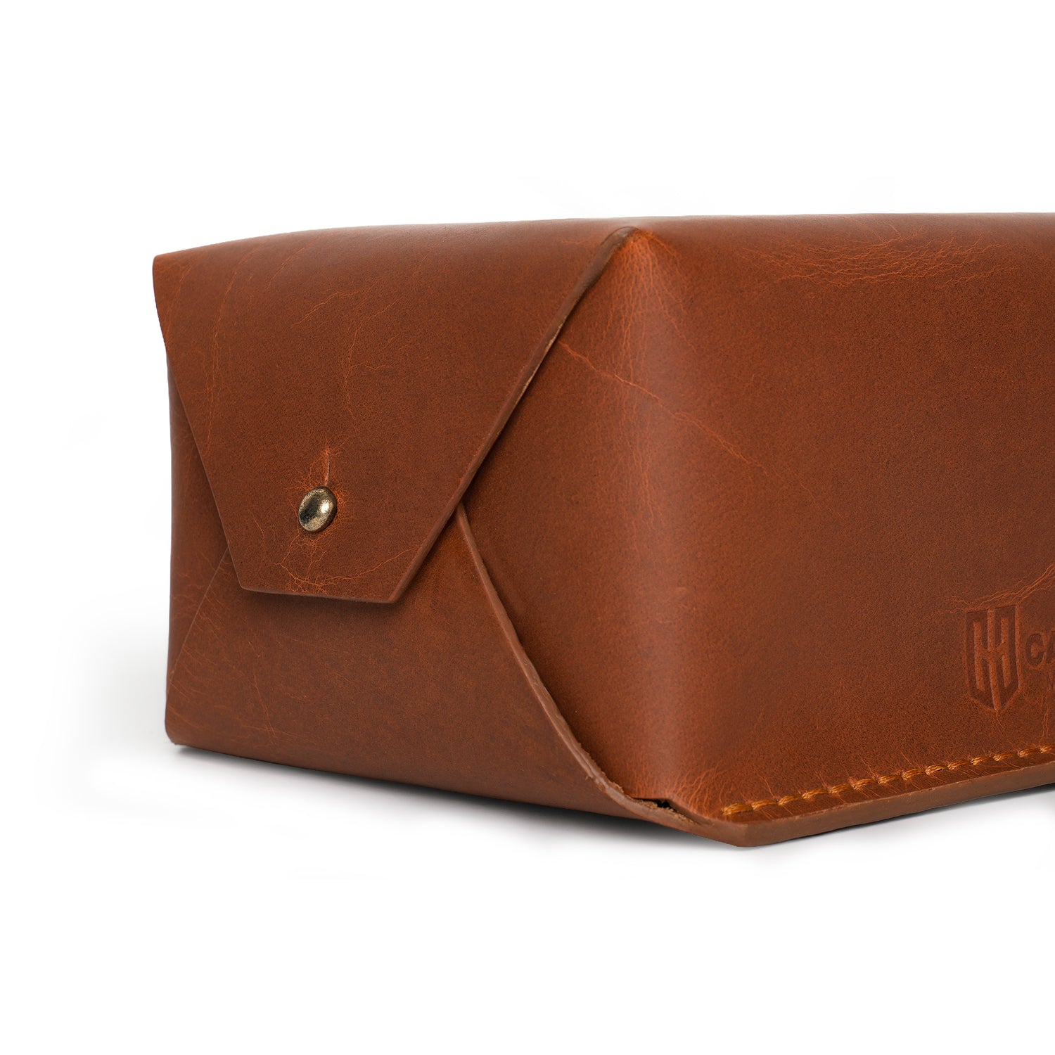 Caprahem TB-02 handmade tan leather tissue box cover for home and car — front view
