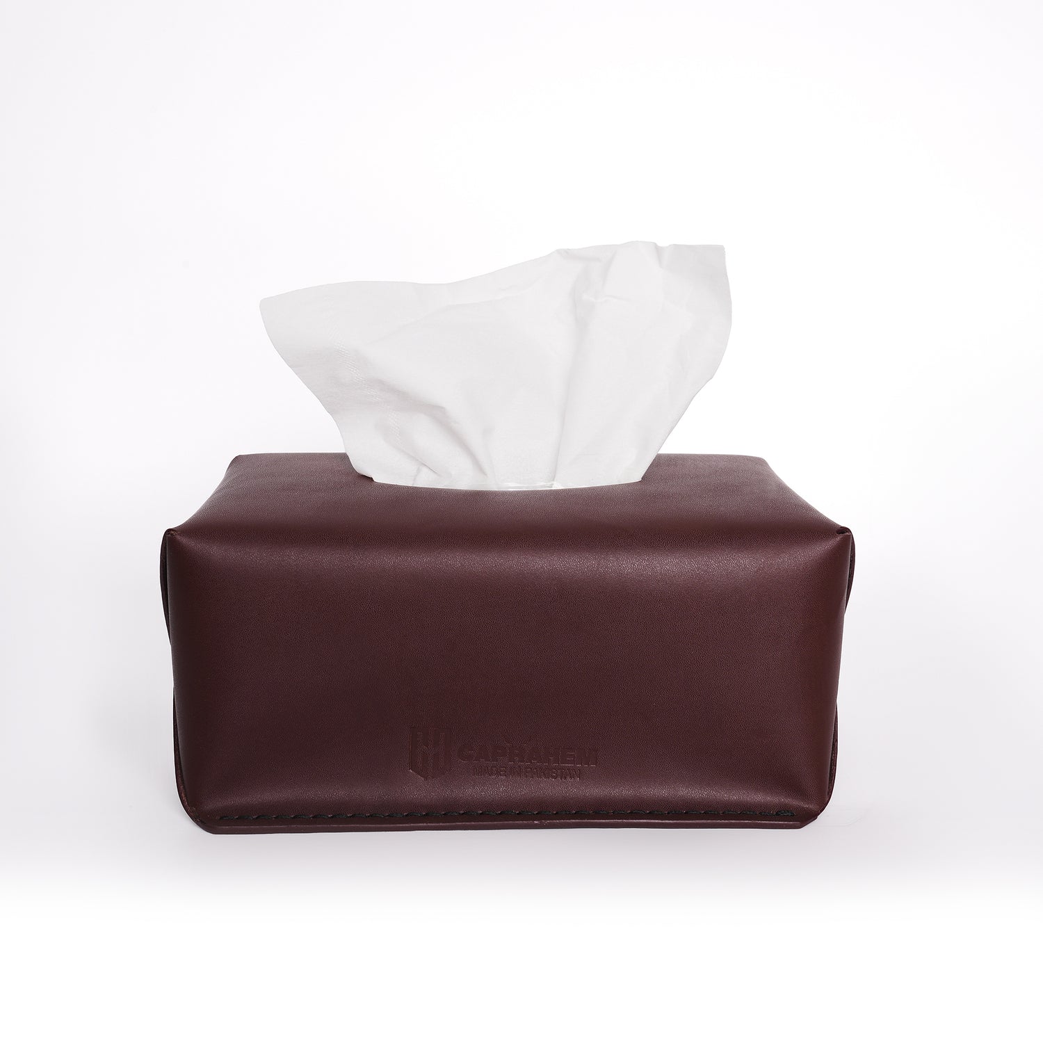 Caprahem TB-02 handmade burgundy leather tissue box cover for home and car — angled 3/4 view