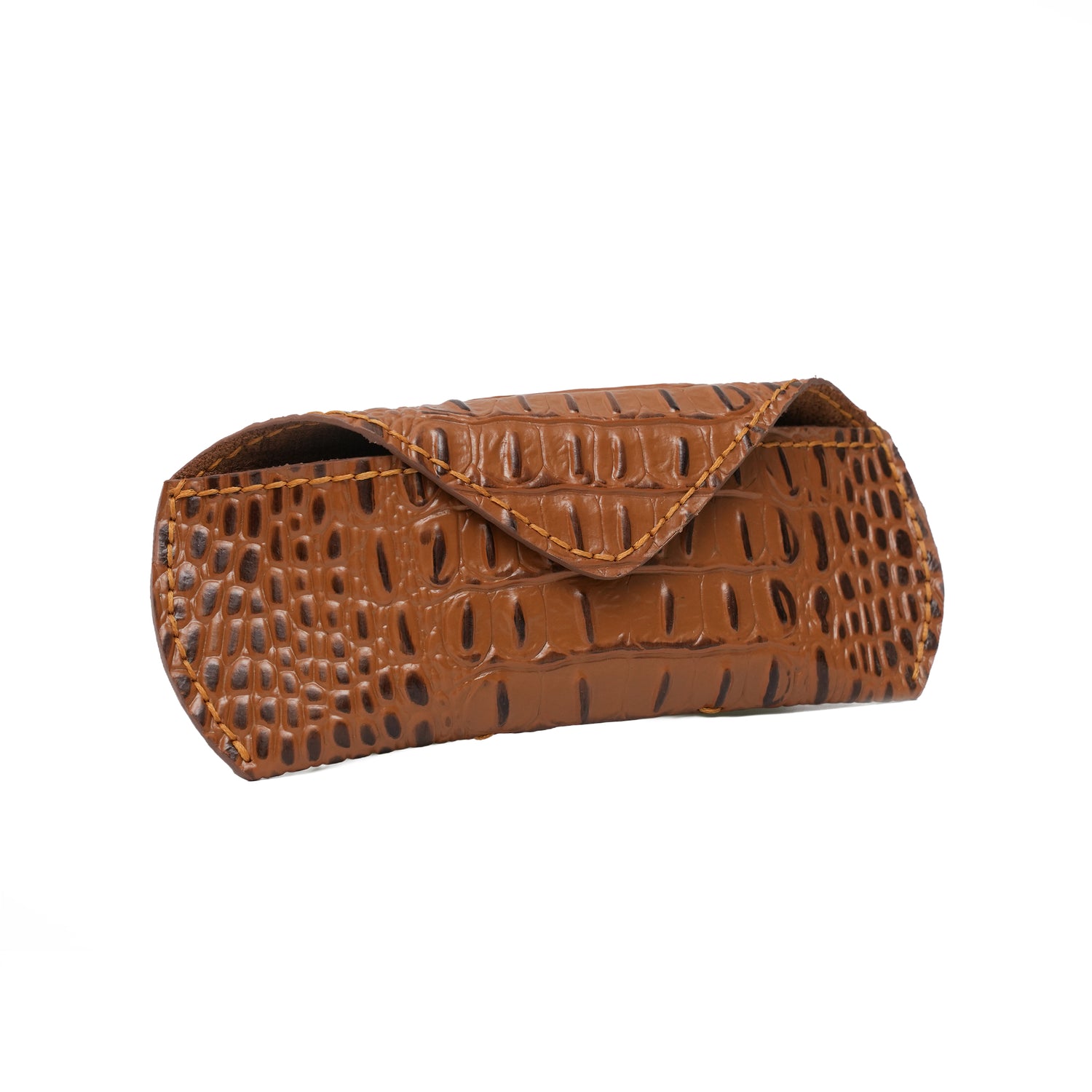 Caprahem handmade brown croc-embossed leather eyewear case for glasses and sunglasses — front view