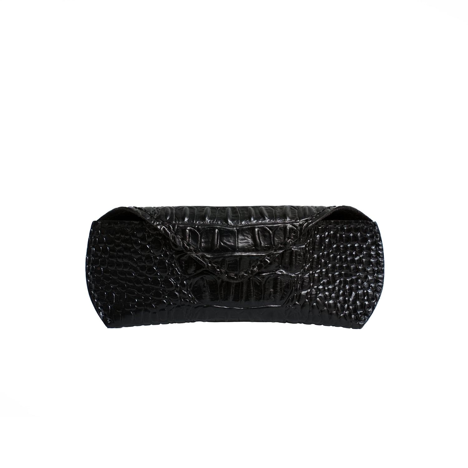 Caprahem handmade black croc-embossed leather eyewear case for glasses and sunglasses — front view