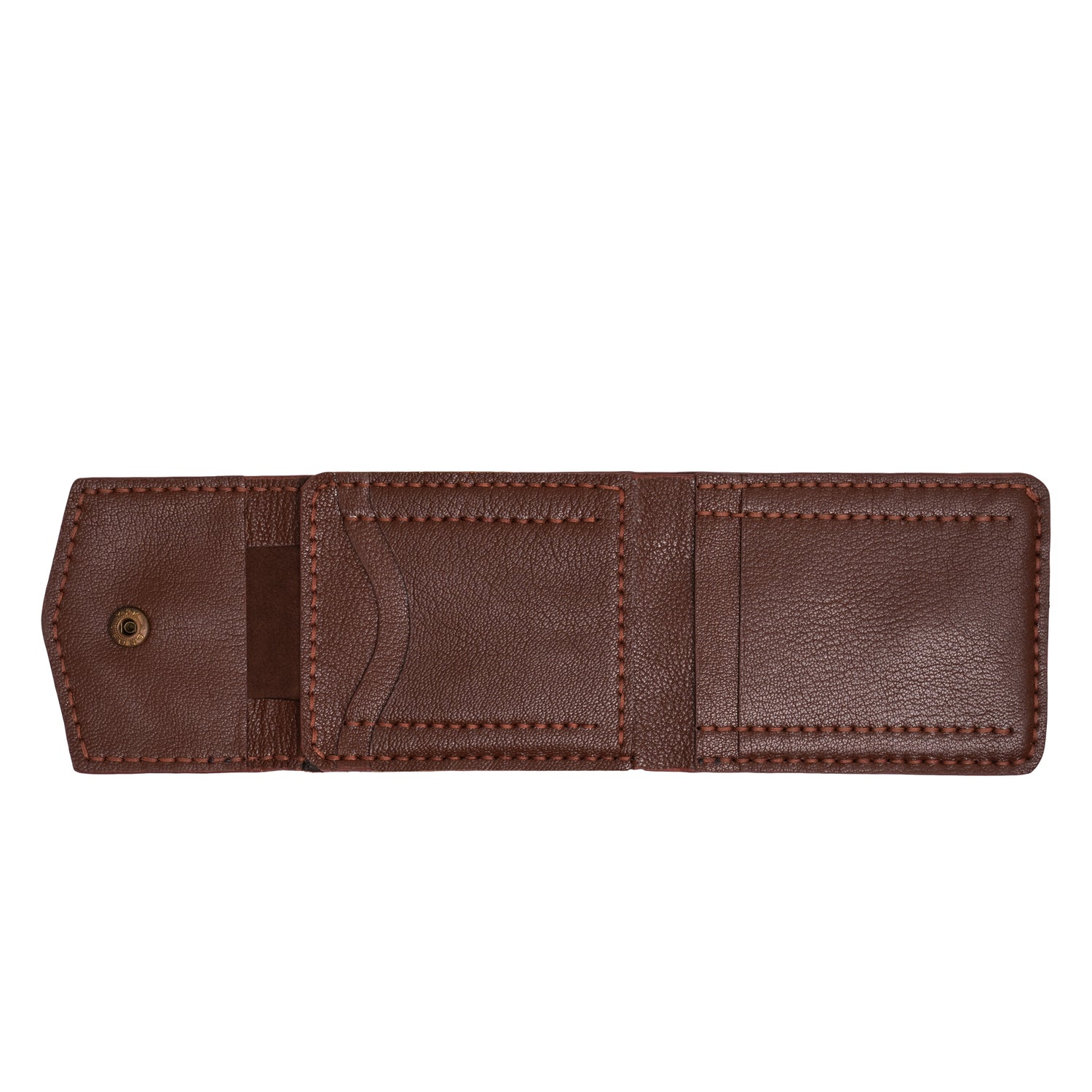 Caprahem Bifold Wallet BW-02 in black handmade leather with orange contrast stitching — angled 3/4 view