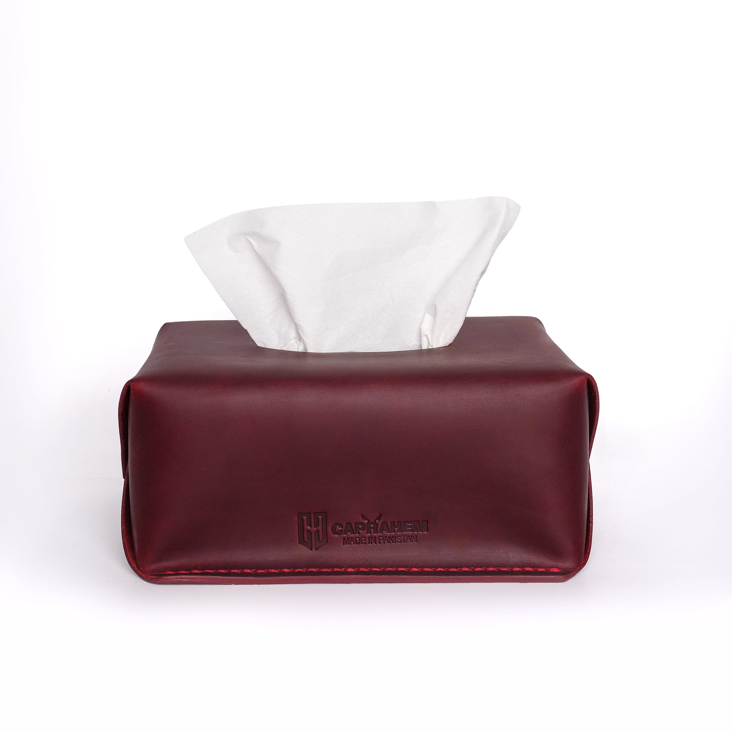 Caprahem TB-02 handmade red leather tissue box cover for home and car — angled 3/4 view