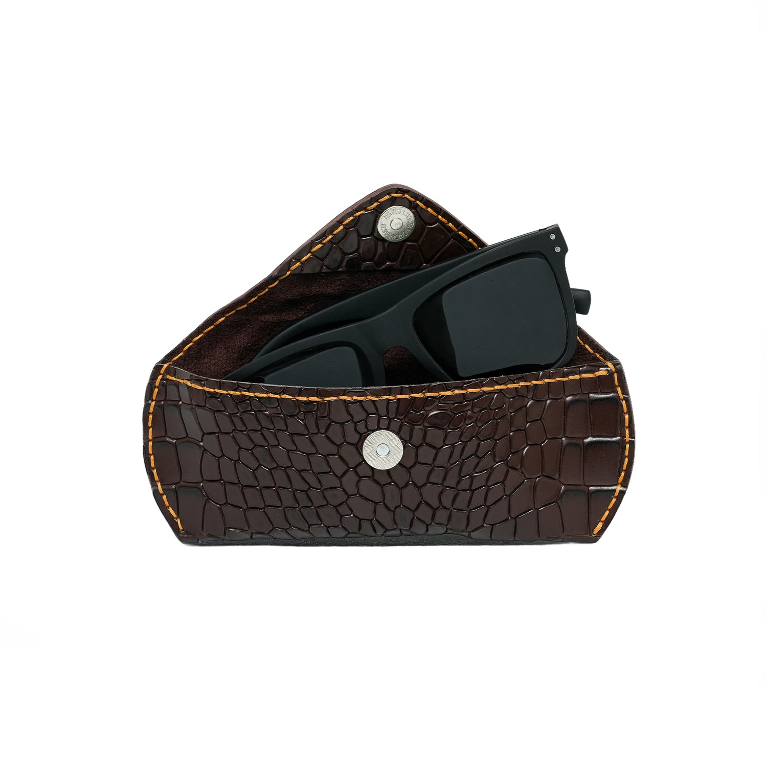 Caprahem handmade chocolate brown croc-embossed leather eyewear case for glasses and sunglasses — angled 3/4 view