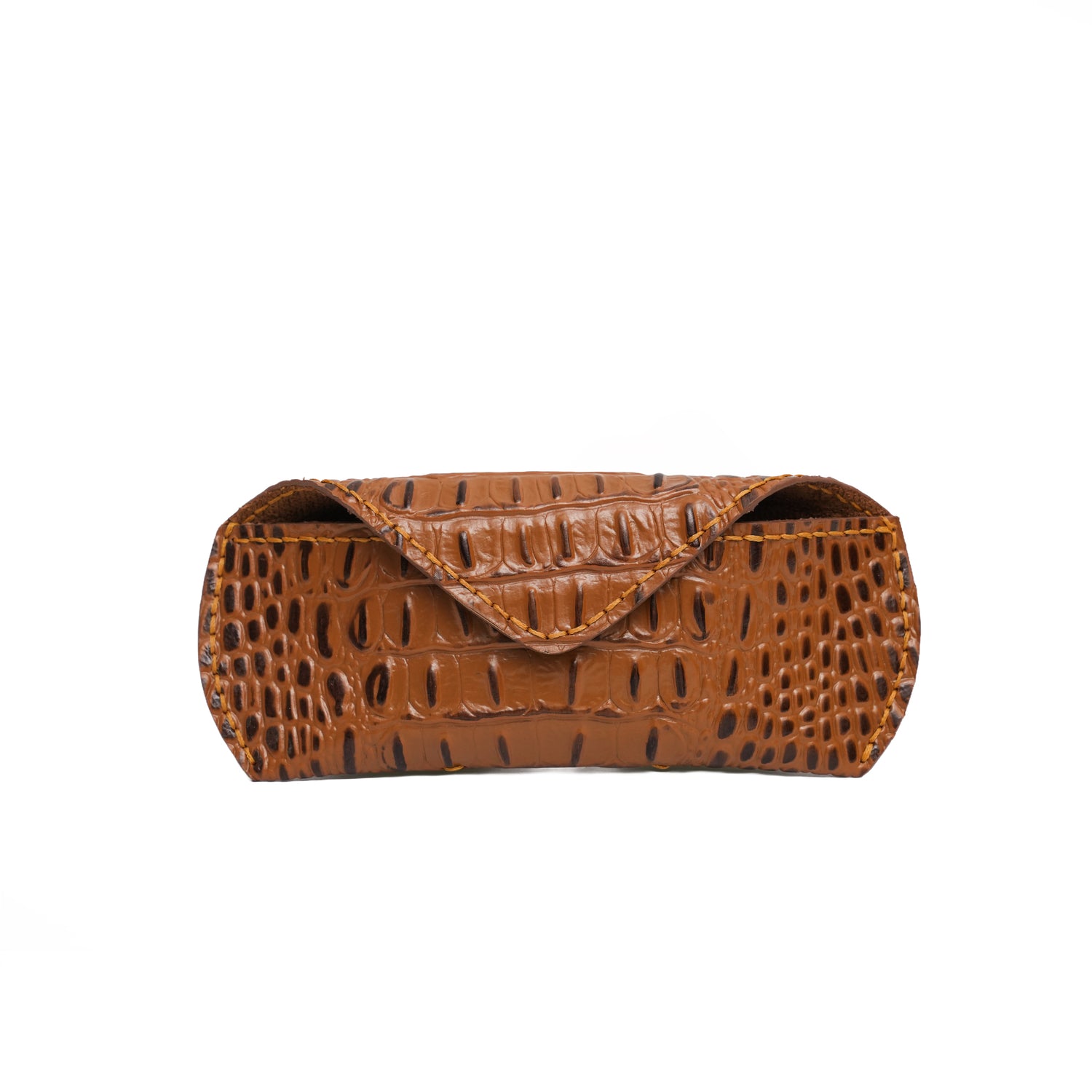 Caprahem handmade brown croc-embossed leather eyewear case for glasses and sunglasses — angled 3/4 view