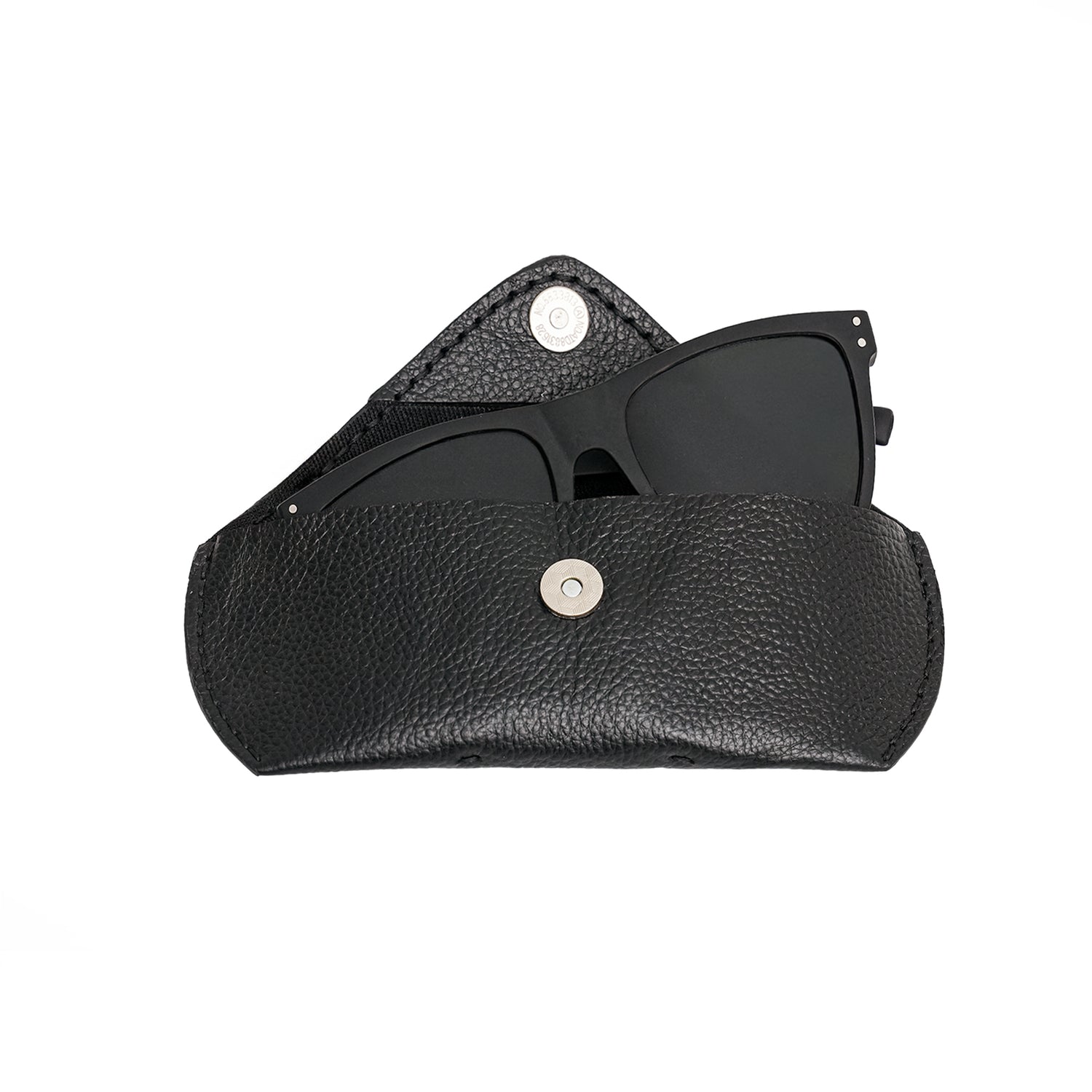 Caprahem handmade black pebbled leather eyewear case for glasses and sunglasses — angled 3/4 view