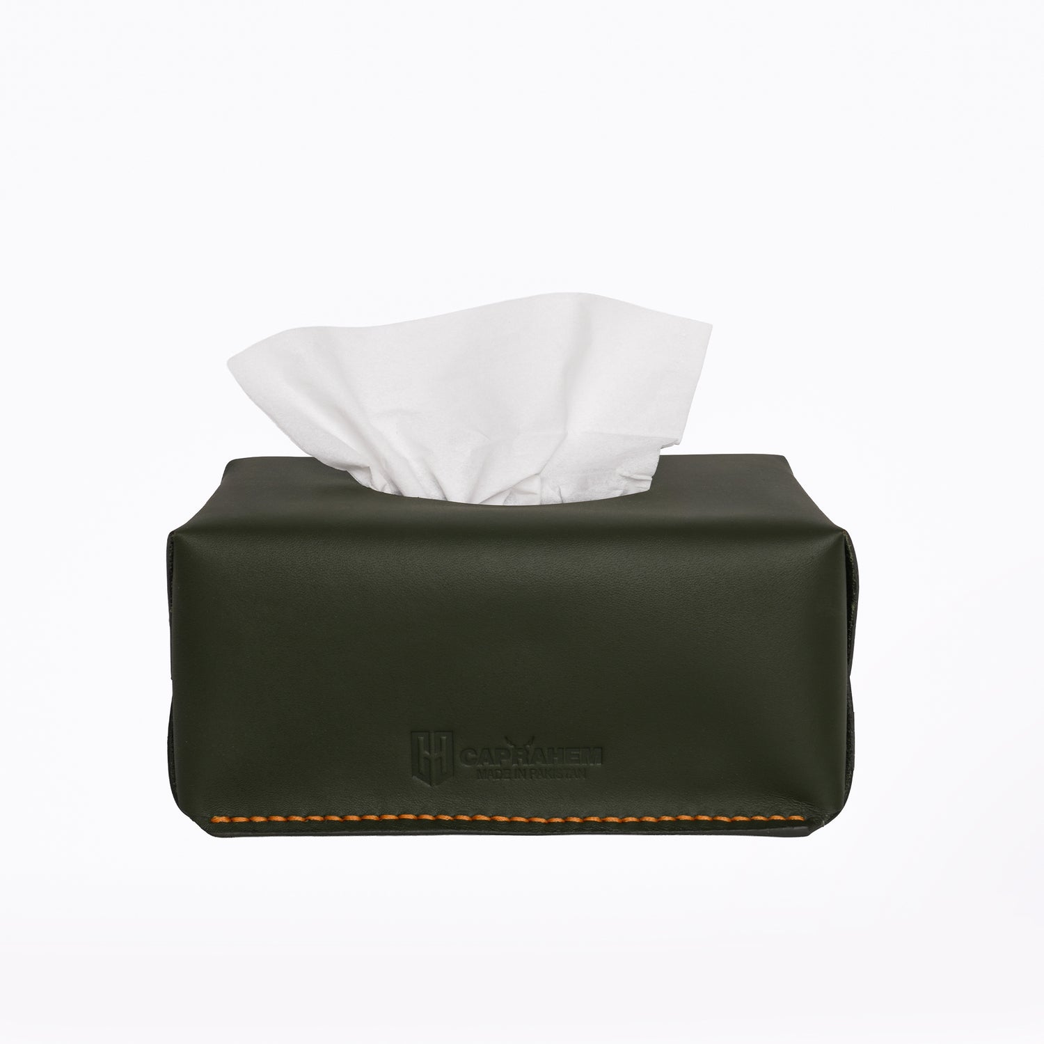 Caprahem TB-02 handmade olive green leather tissue box cover for home and car — front view