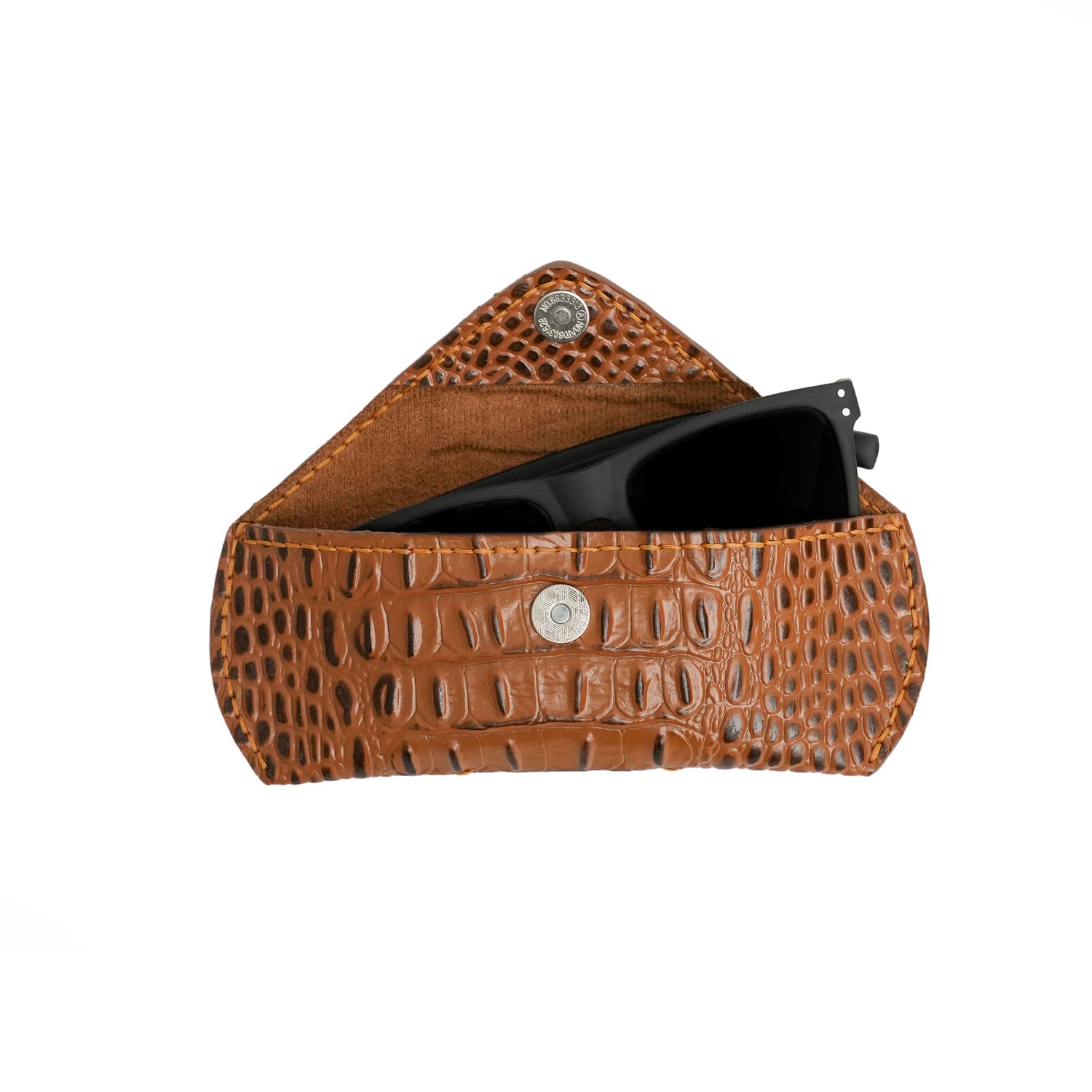 Caprahem handmade brown croc-embossed leather eyewear case for glasses and sunglasses — side profile