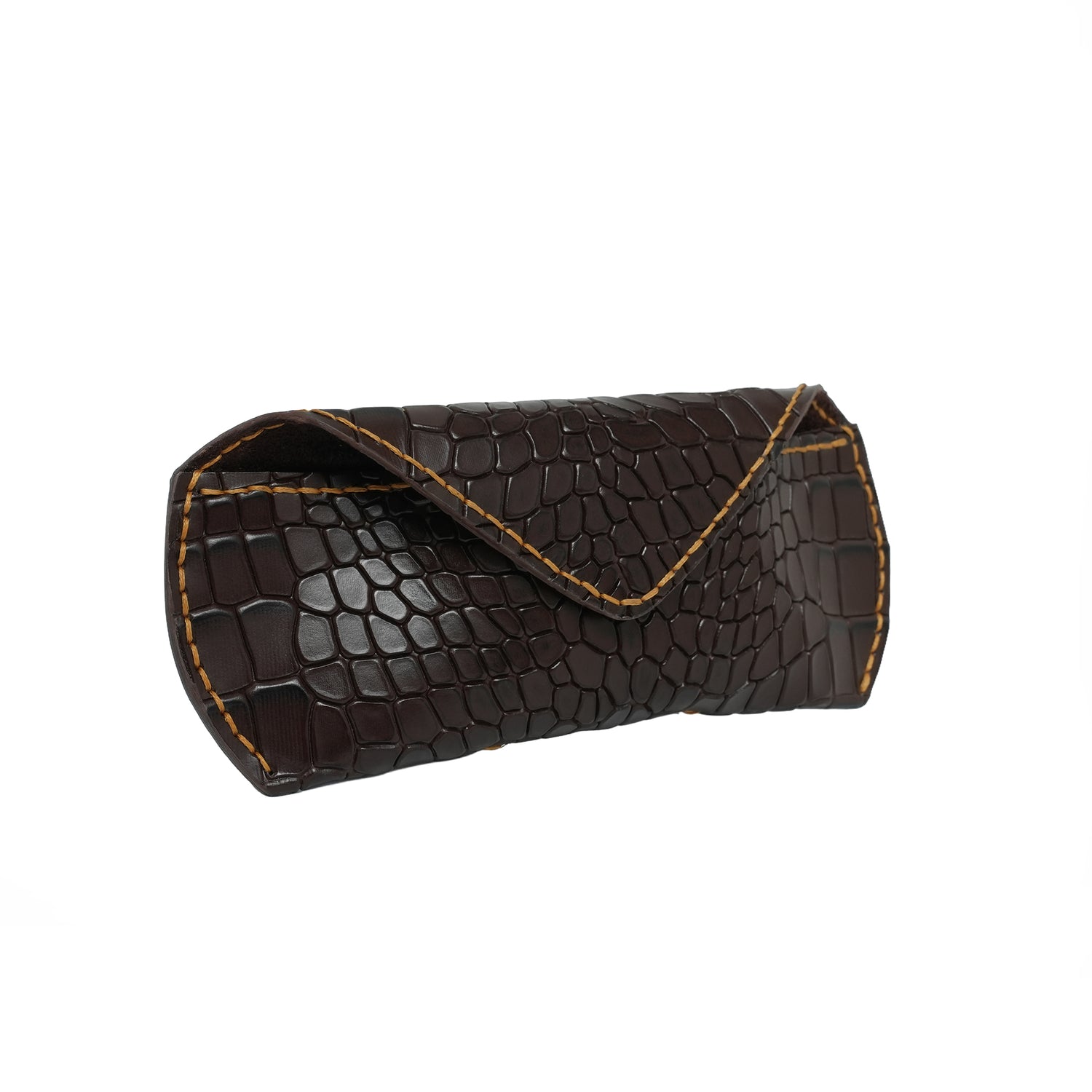 Caprahem handmade chocolate brown croc-embossed leather eyewear case for glasses and sunglasses — side profile