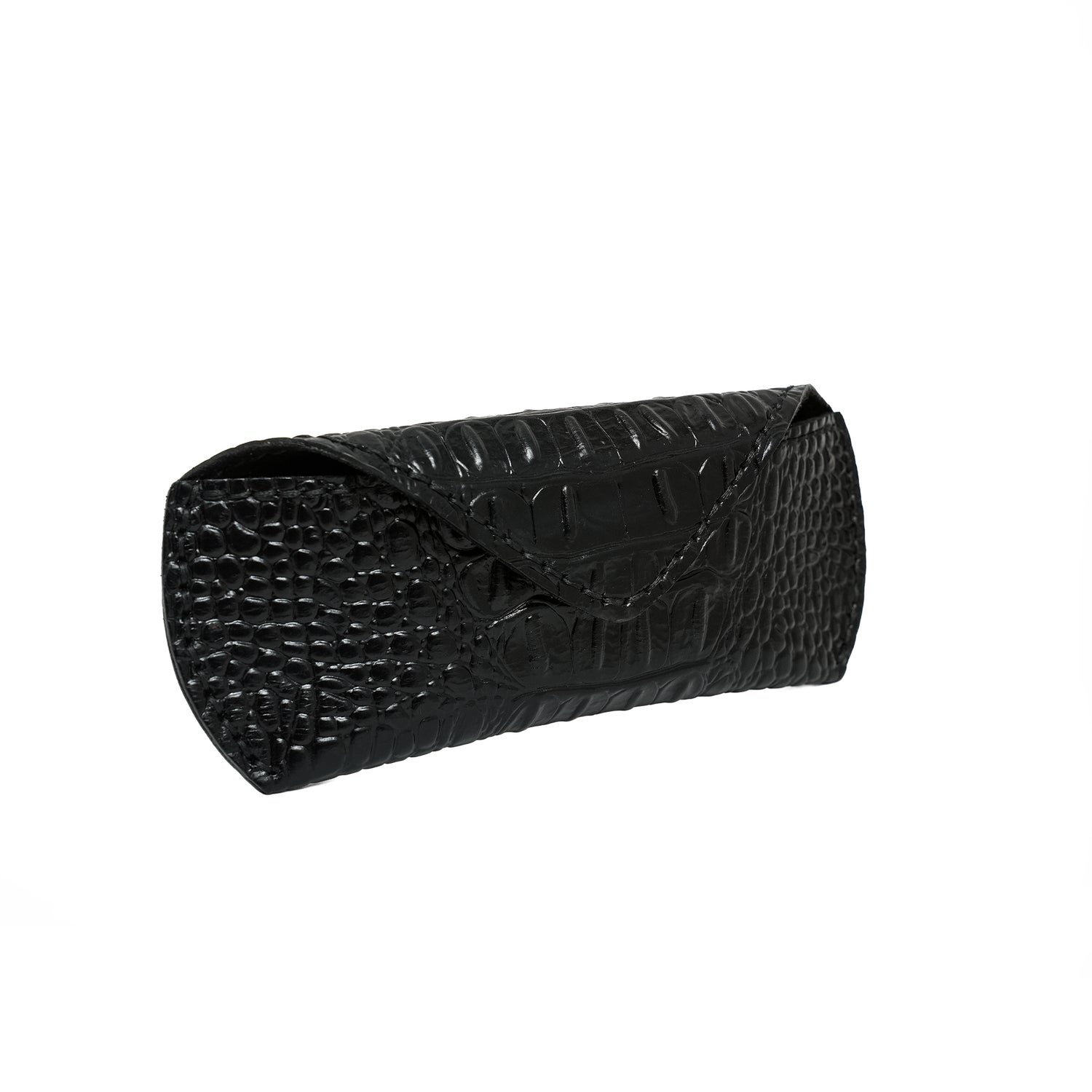 Caprahem handmade black croc-embossed leather eyewear case for glasses and sunglasses — side profile