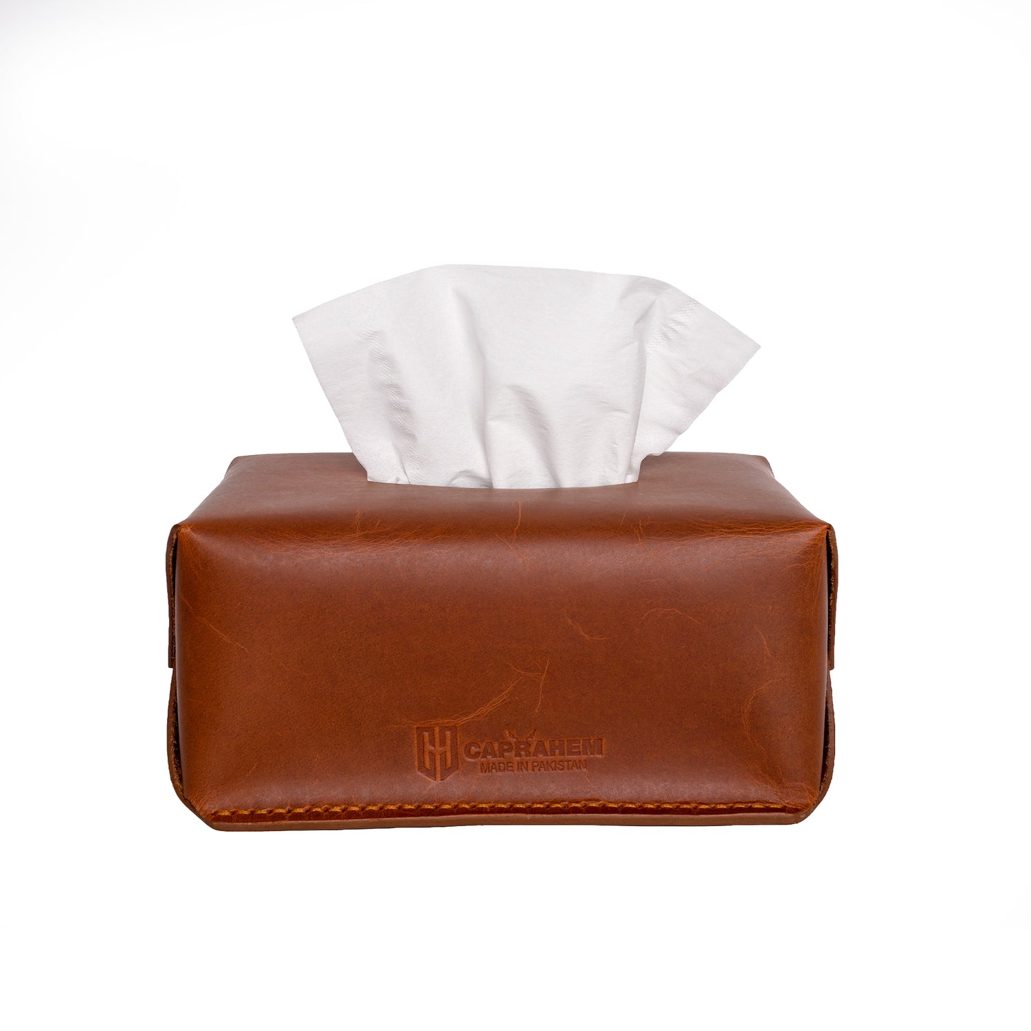 Caprahem TB-02 handmade tan leather tissue box cover for home and car — angled 3/4 view