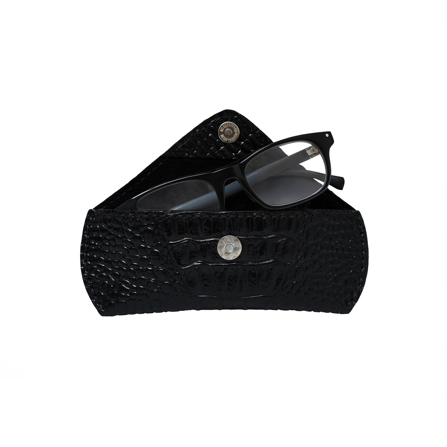 Caprahem handmade black croc-embossed leather eyewear case for glasses and sunglasses — close-up of leather texture and stitching