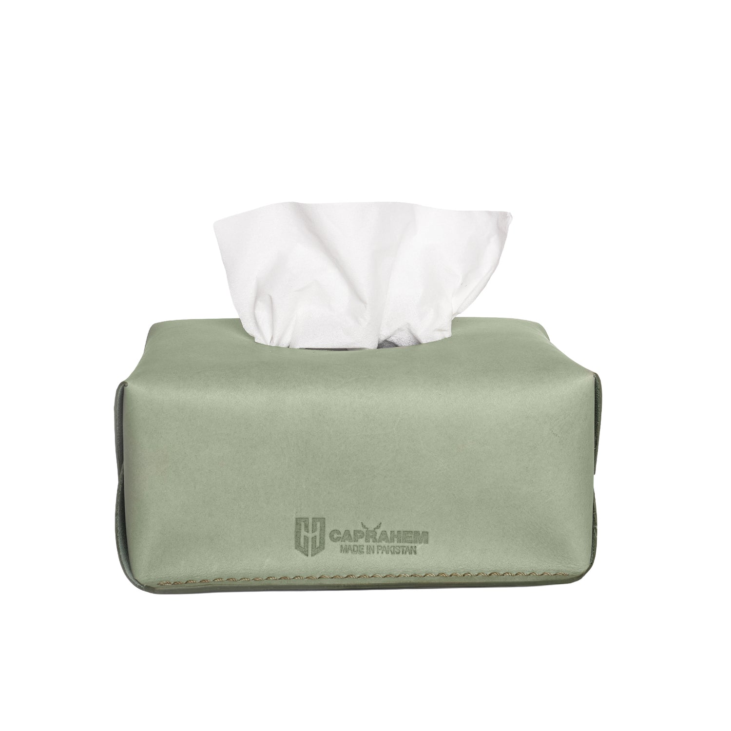 Caprahem TB-02 handmade mint green leather tissue box cover for home and car — angled 3/4 view