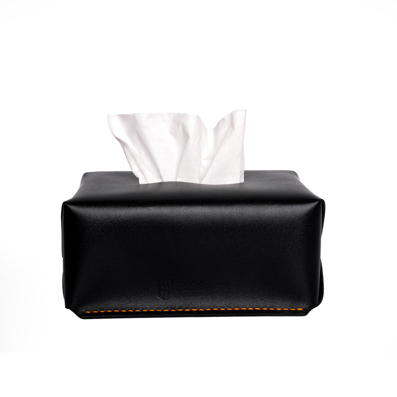 Caprahem TB-02 handmade black leather tissue box cover for home and car — side profile
