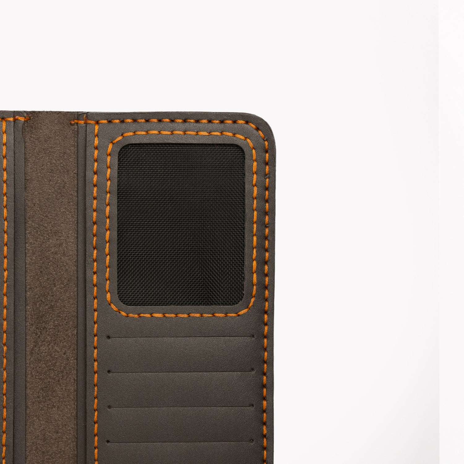 Caprahem Travelling Wallet TW-01 in dark charcoal handmade leather — interior card slots and ID window with orange contrast stitching