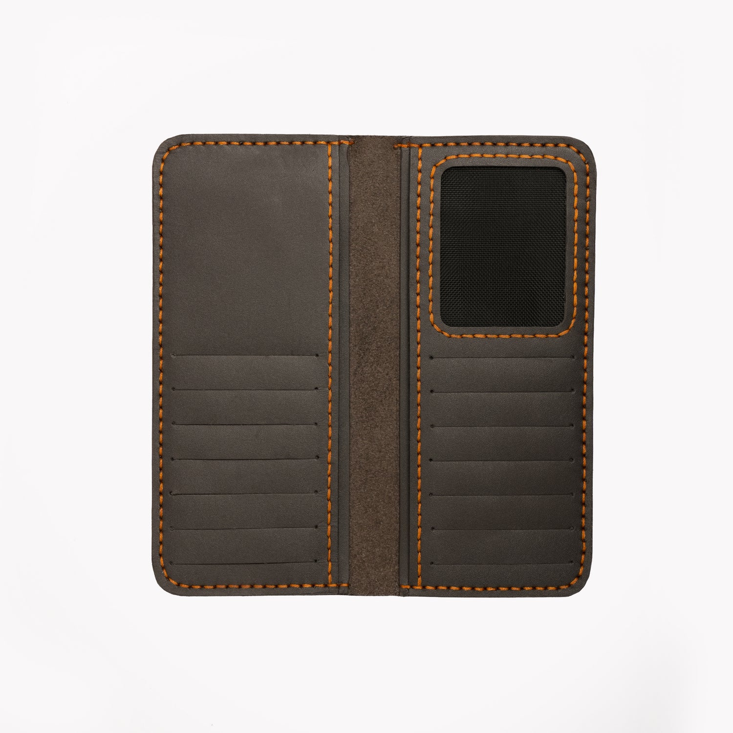 Caprahem Travelling Wallet TW-01 in dark charcoal handmade leather — open interior with card pockets and brass snap closure
