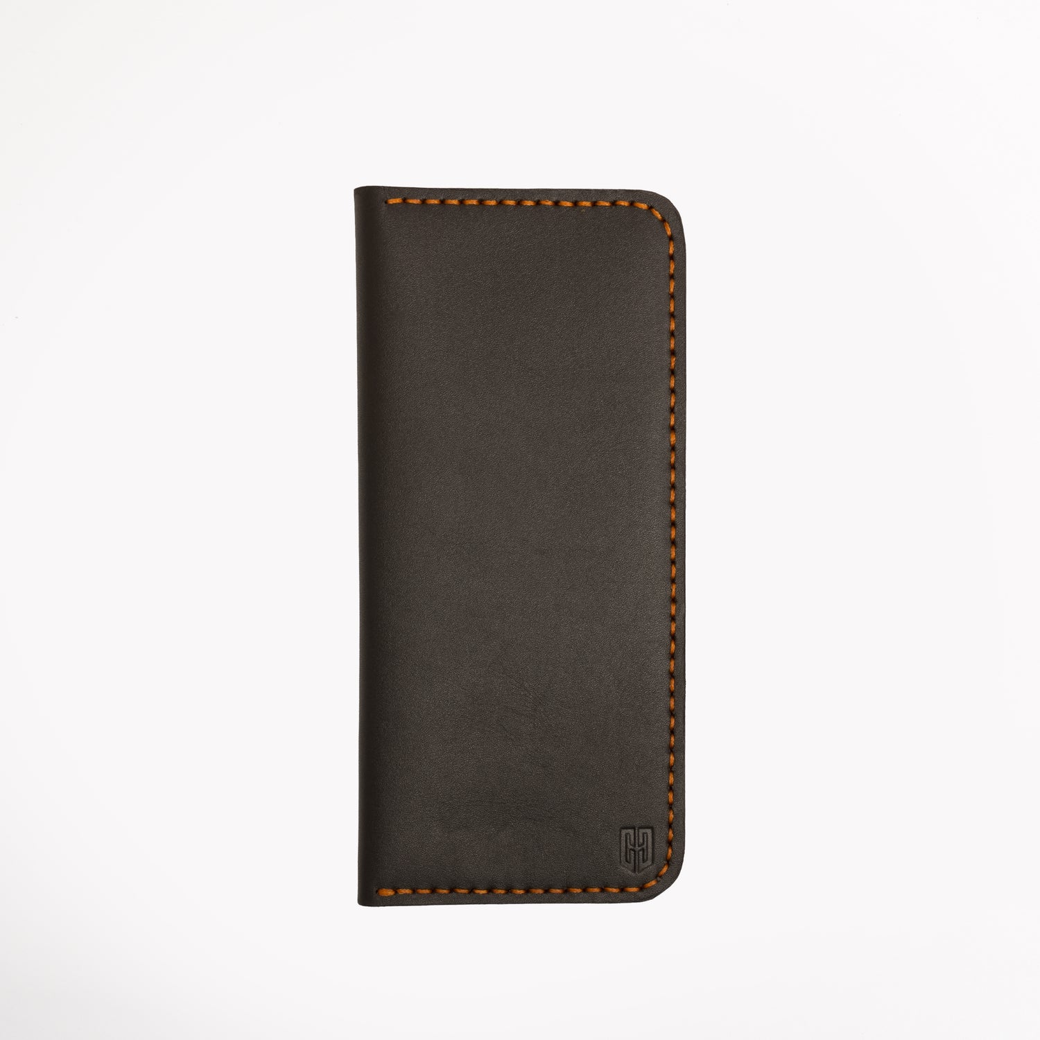 Caprahem Travelling Wallet TW-01 in dark charcoal handmade leather — closed front view with embossed logo