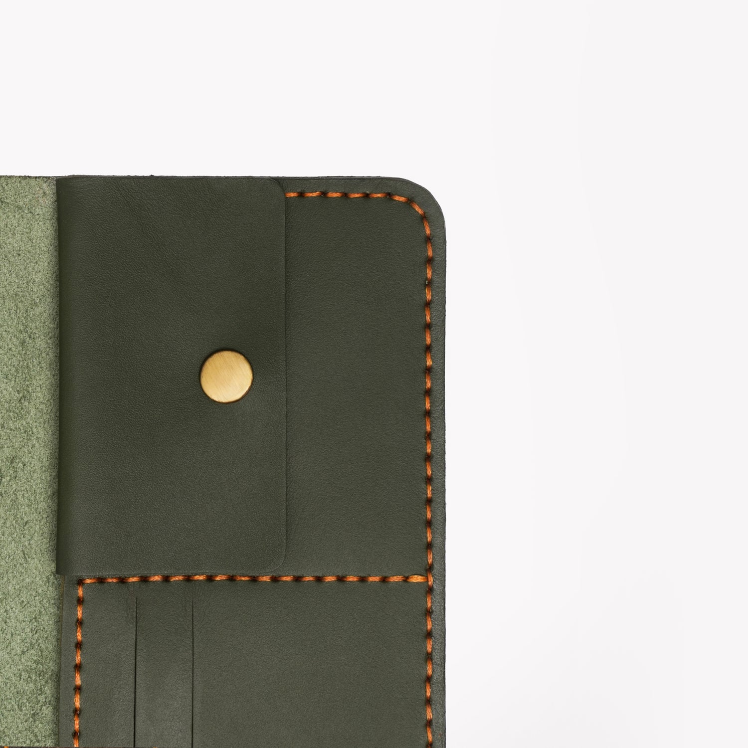 Caprahem Travelling Wallet TW-01 in olive green handmade leather — interior card slots with orange contrast stitching