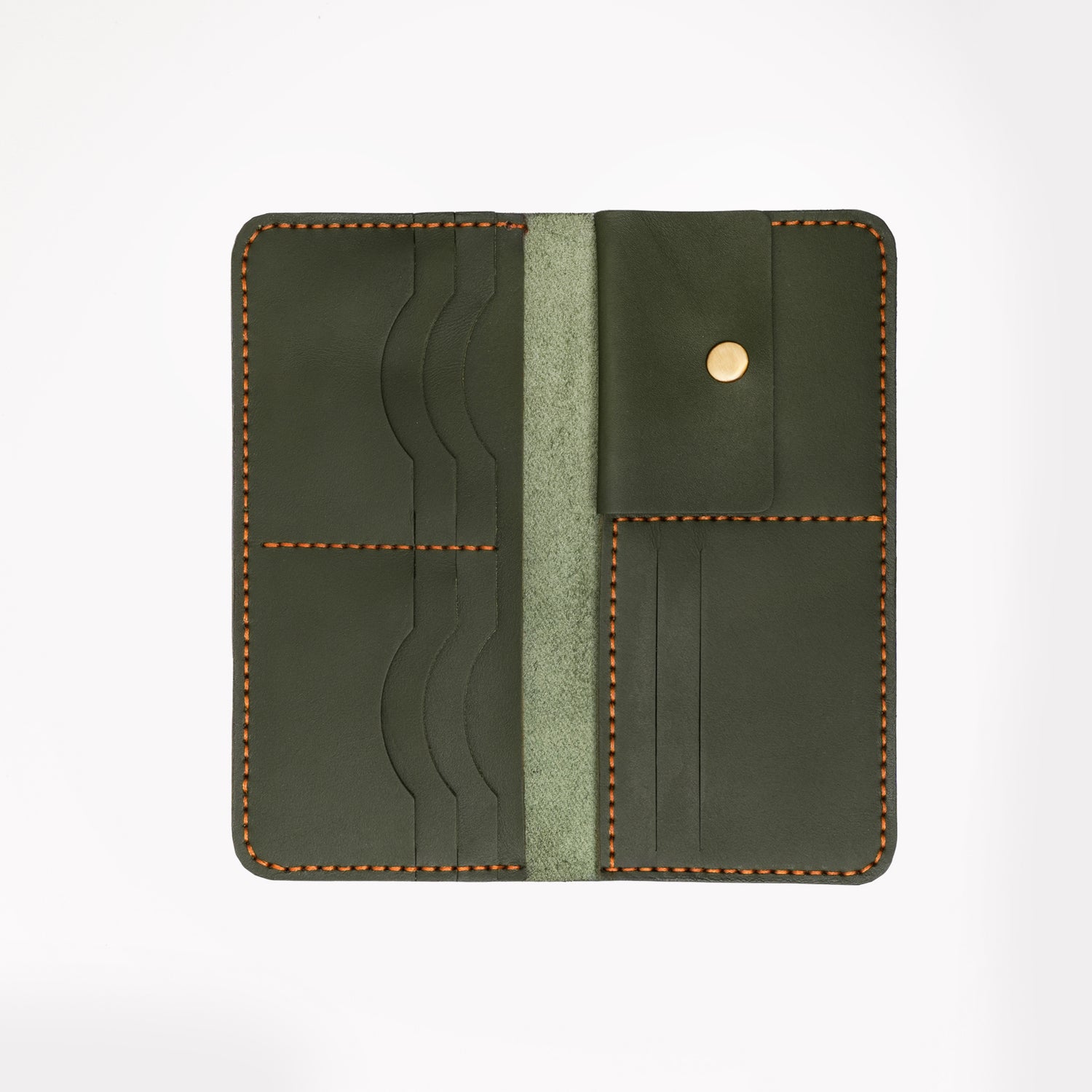 Caprahem Travelling Wallet TW-01 in olive green handmade leather — open interior with card pockets and brass snap closure