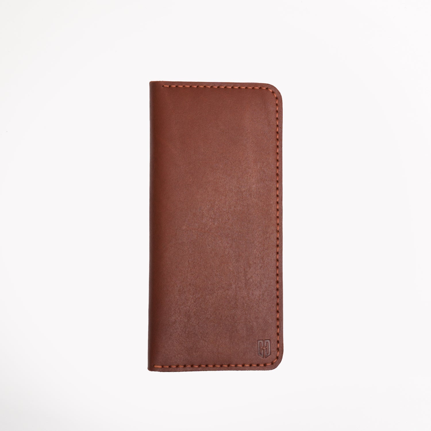 Caprahem Travelling Wallet TW-01 in brown handmade leather — closed front view with embossed logo