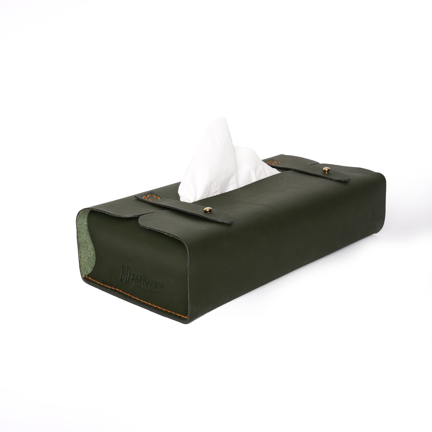 Caprahem TB-02 handmade olive green leather tissue box cover for home and car — side profile