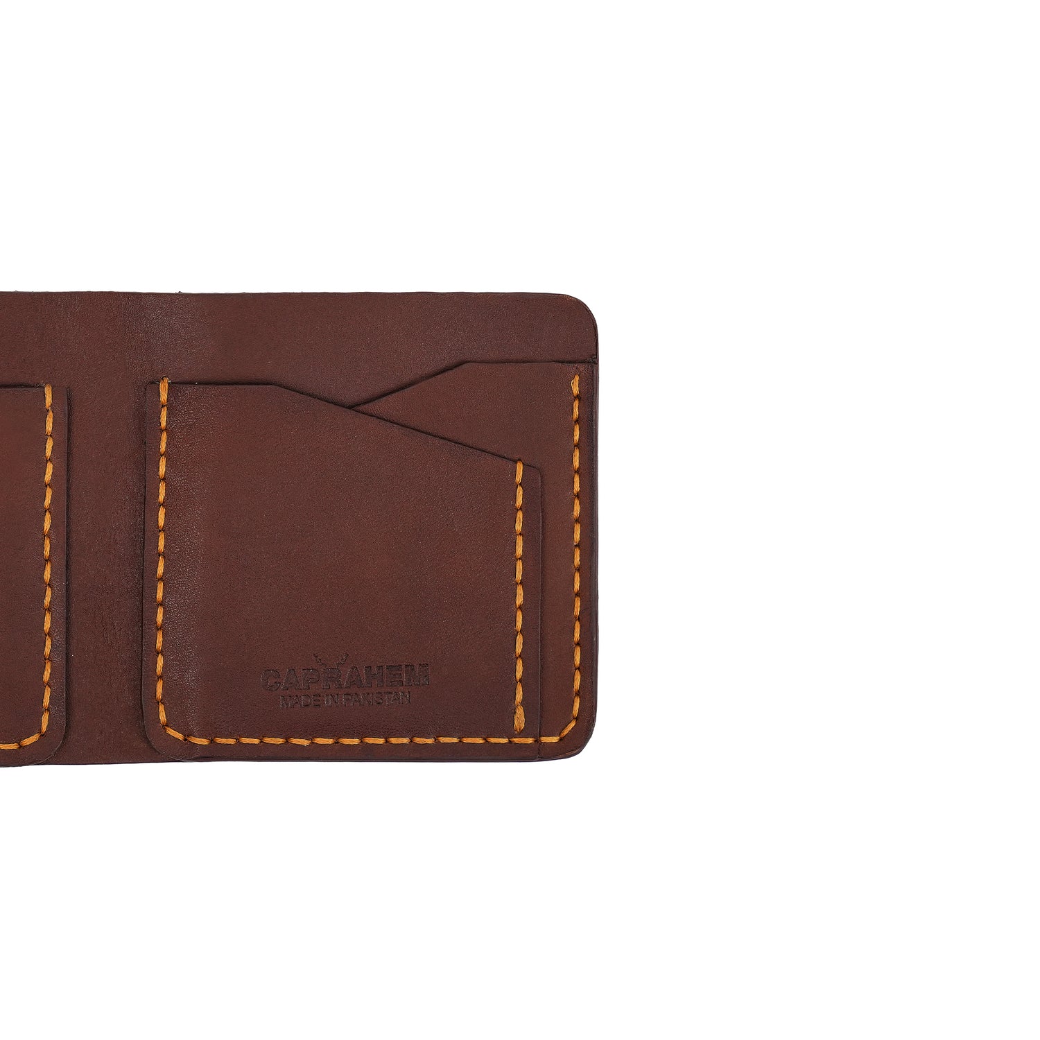 Caprahem Bifold Wallet BW-04 in chocolate brown handmade leather — angled 3/4 view