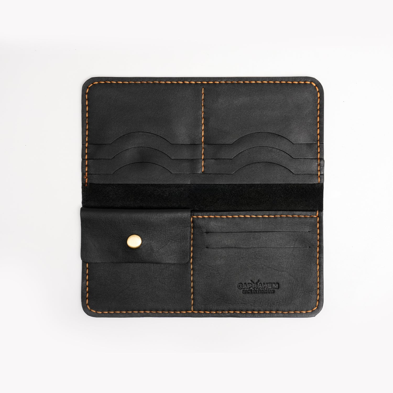 Caprahem Travelling Wallet TW-01 in black handmade leather — open interior with card pockets and brass snap closure