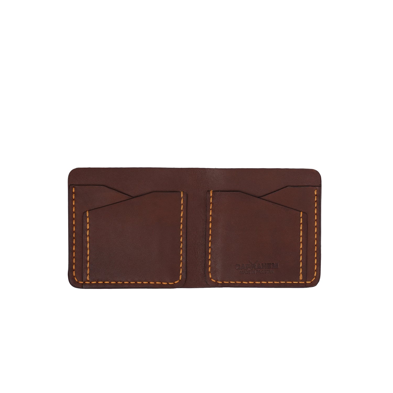 Caprahem Bifold Wallet BW-04 in chocolate brown handmade leather — close-up of leather texture and stitching