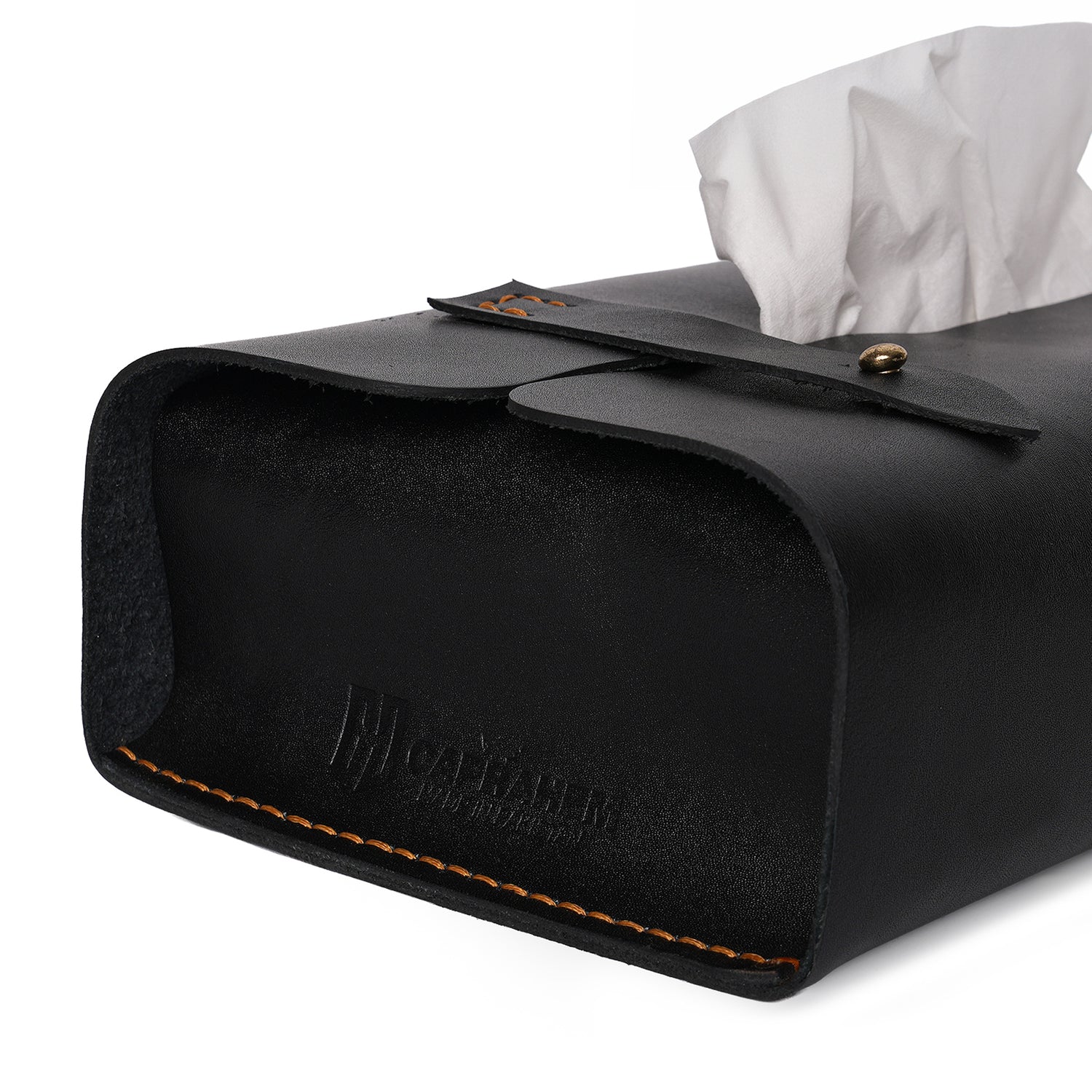 Caprahem TB-02 handmade black leather tissue box cover for home and car — close-up of brass snap and contrast stitching