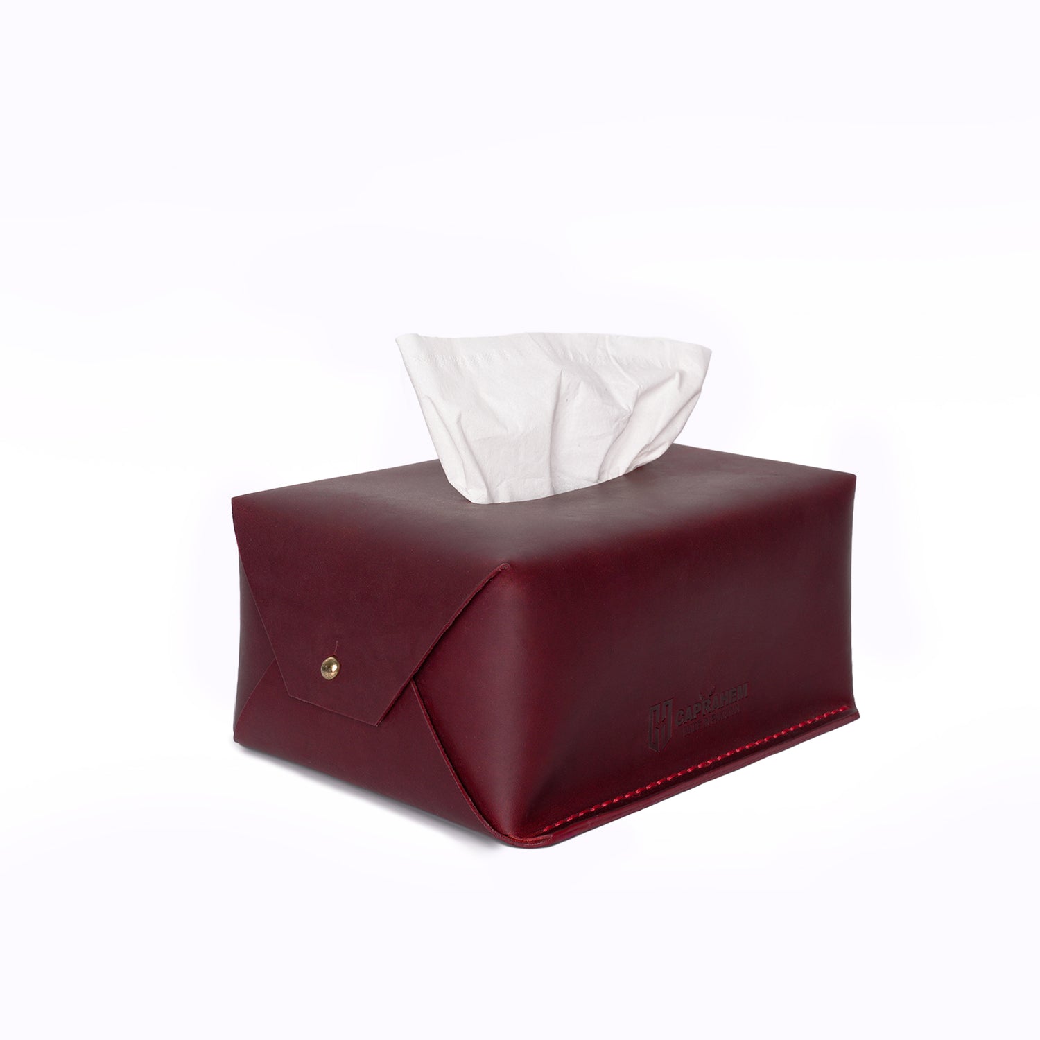Caprahem TB-02 handmade red leather tissue box cover for home and car — close-up of brass snap and contrast stitching