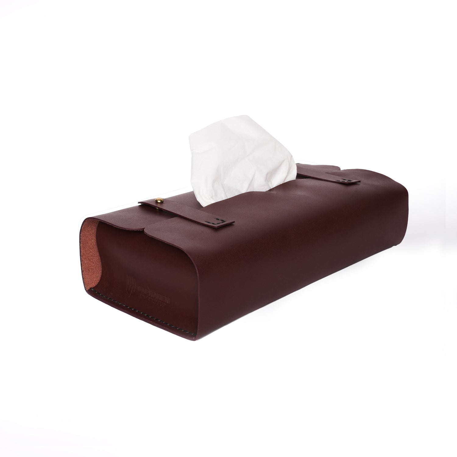 Caprahem TB-02 handmade burgundy leather tissue box cover for home and car — top view with tissues dispensing