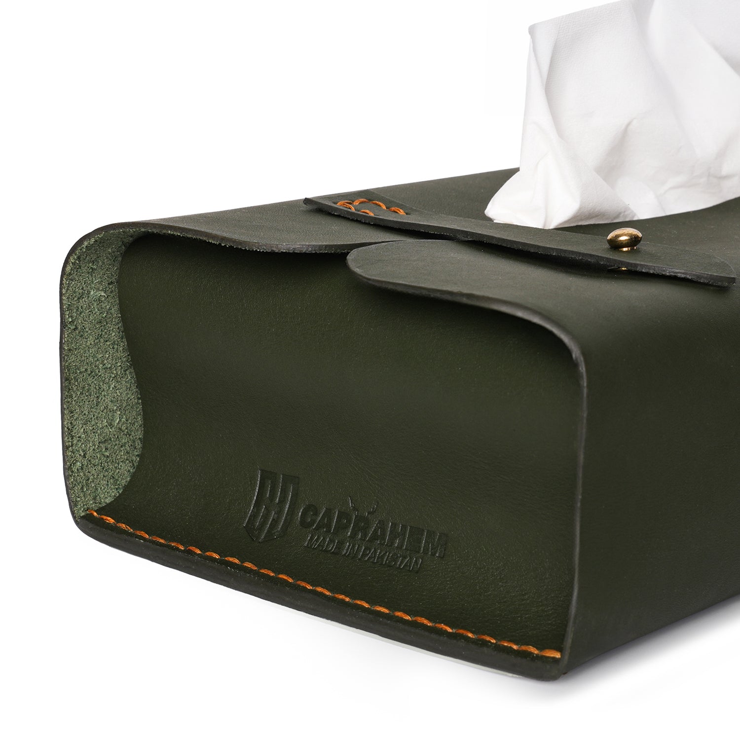 Caprahem TB-02 handmade olive green leather tissue box cover for home and car — top view with tissues dispensing