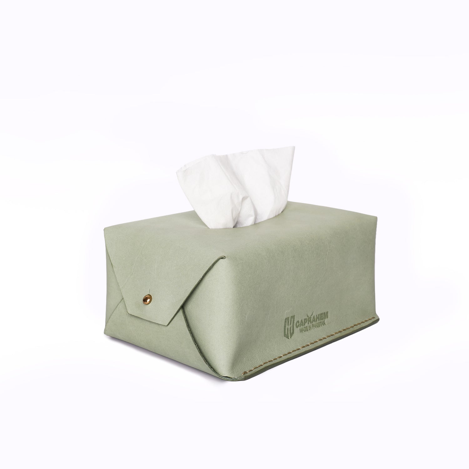 Caprahem TB-02 handmade mint green leather tissue box cover for home and car — top view with tissues dispensing
