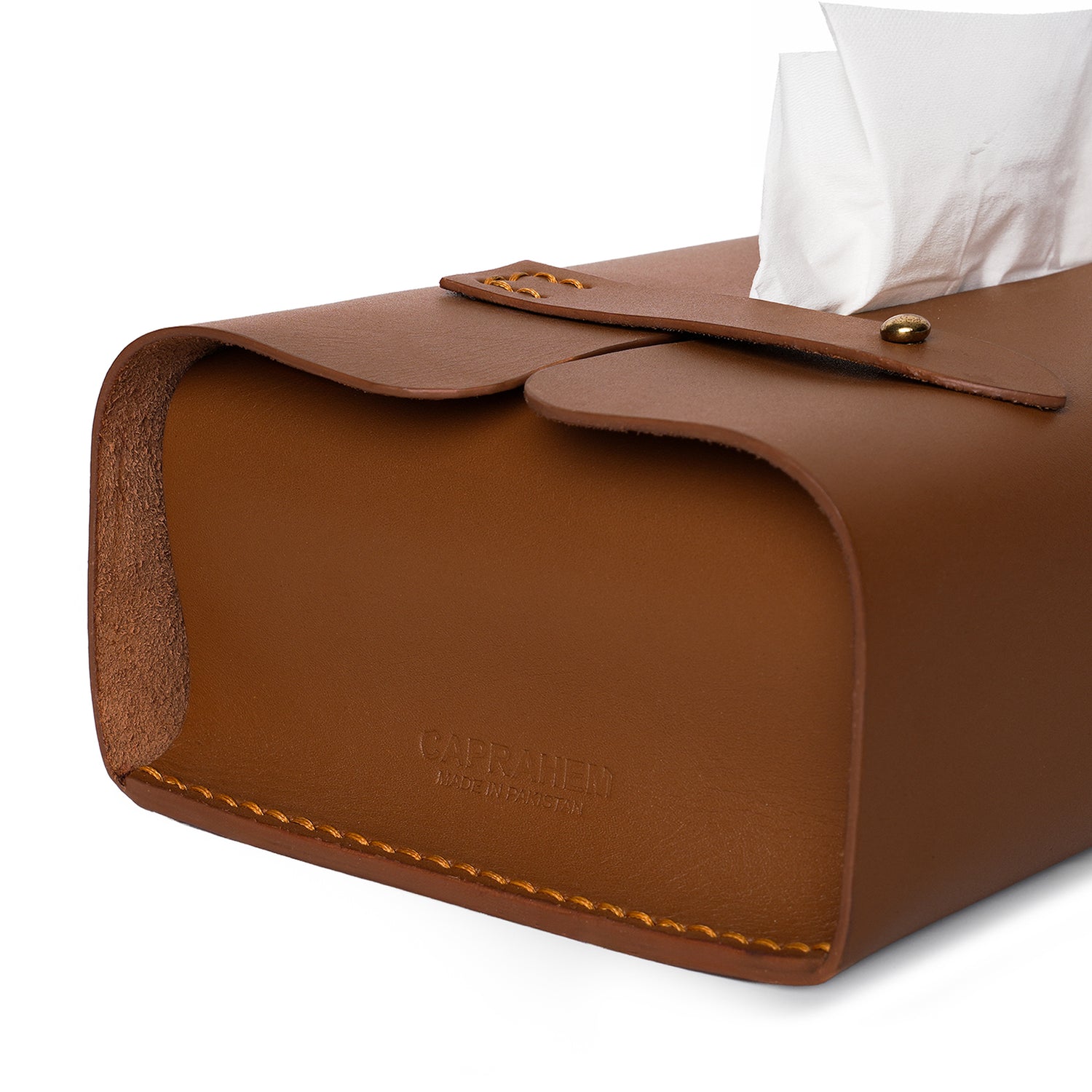 Caprahem TB-02 handmade brown leather tissue box cover for home and car — close-up of brass snap and contrast stitching